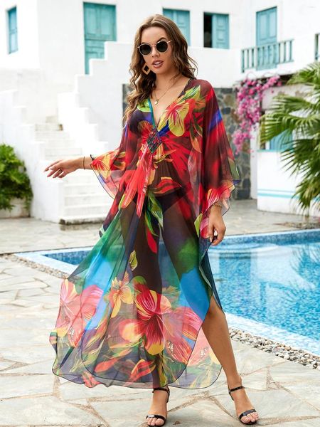 Summer Wear 2024 Women Floral Impresión Floral Turcán Traje de baño Tuber Ups Sexy Flowy Chiffon Beach Vestido de ropa de playa P1559