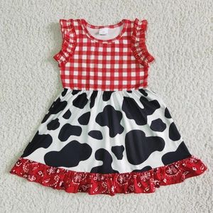 Verano occidental estampado de vaca Boutique bebé niña verano nueva ropa al por mayor rojo Plaid Twirl vestido niños moda niño ropa