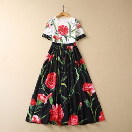 Summer White Black Floral Print Panelled Cotton Dress Short Sleeve Round Neck Hot Drilling Long Maxi Casual Dresses S3W090505
