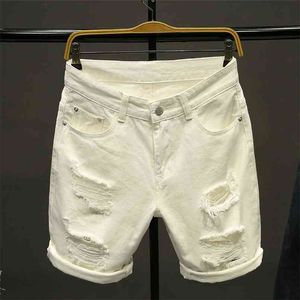 Zomer wit zwart Khaki mannen gescheurde losse rechte jeans korte mode hiphop bermuda gaten casual denim cargo shorts 210716
