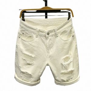 Zomer wit zwart Kaki Mannen Ripped Losse Rechte Jeans Korte Fi Hiphop Bermuda Gaten Casual Denim Cargo shorts i6LJ #