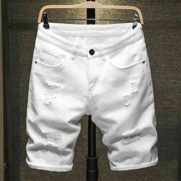 Été blanc noir hommes shorts denim minces grandes taille décontractée la longueur du genou jean trou court pour les bermudes 210713