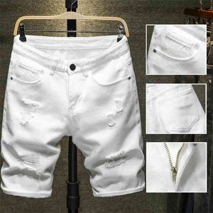 Été Blanc Noir Hommes Ripped Hole Denim Shorts Slim Casual Genou Longueur Court Droit Jeans Bermuda pour hommes 210716