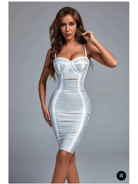 Été couleur blanche femmes sans manches Sexy évider moulante Mini robe pansement célébrer fête d'anniversaire 240315