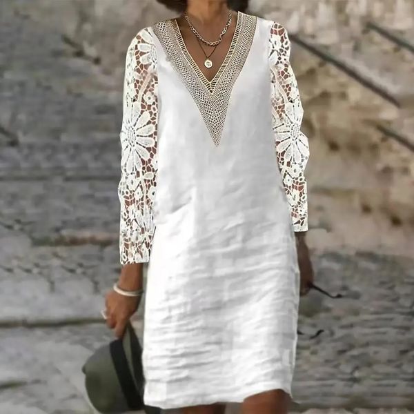 Robes blanches d'été pour femmes Vintage Cotton Linn Hollow Out Lace Boho Robe Dames Long Manches Plage Aline Party Robe 240415