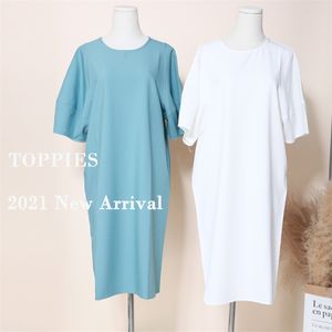 Été Blanc Sweat Robe Femme Manches Courtes Tunique Midi veau Poches Latérales robe femme 210421