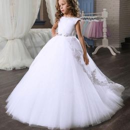 Summer White Wedding Girls Dress Tulle Drensmaid Kids Party Dresses for Girs Bow Evening Princess Vestida 8 12 años