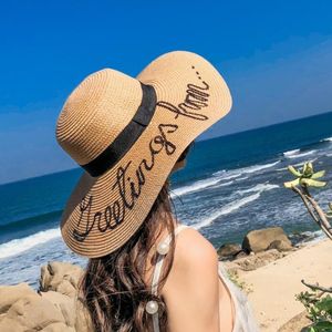 Sombreros de sol de ala ancha y grande para verano, sombreros de paja flexibles con letras para mujer, protección UV, sombreros de playa de Panamá, chapeau207A para mujer