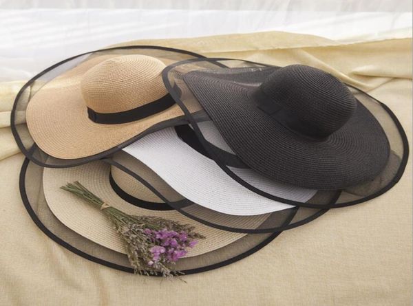 Sombreros de paja de ala ancha de verano Sombreros grandes para el sol para mujeres Protección UV Panamá floppy Sombreros de playa Sombrero de lazo para mujer Protección solar vacaciones T7201277