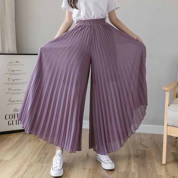 Été large jambe évasée Palazzo 9 points pantalon plissé en mousseline de soie ample pour femmes S M L XL (avec doublure) 210319