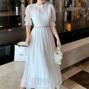 zomer vrouw jurk mesh borduurwerk hoge taille elegante partij maxi jurken vrouwelijke kant vestidos 210603