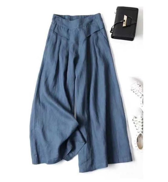 Pantalon fluide d'été en lin pour femme, coupe ample, grande taille, couleur unie, décontracté, Vintage, jambes larges, taille haute