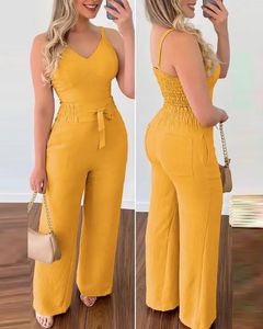 Zomer Vrouw Lange Jumpsuits Elegante Sexy V-hals Shirred Cami Top Hoge Taille Broek Set Fashion Casual s 240320