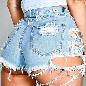Été femme sexy déchiré denim shorts taille haute irrégulier gland slim jeans S2XL drop 220530