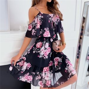 Été Femme Sexy Spaghetti Strap Off Épaule Imprimé Floral Robe Élégante Casual Dames En Mousseline De Soie Plage Boho Robes Vestidos 220406