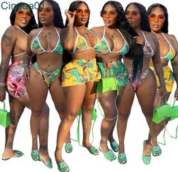 Summer Woman Swimwear 3 pièces Bikini Set Tenues imprimées à la mode Sexy Sports Bra Shorts Bathing Trssaling Leisure Beachwear5848904
