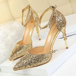 Verano Mujer 75 cm 95 cm Tacones altos Sandalias Bling Lady Wedding Bridal Low Gold Silver Sandles Zapatos de lentejuelas brillantes 240301