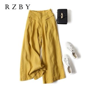 Zomer vrouwen esthetische stijl elastische taille effen broek volledig afgewezen casual breed been katoen linnen losse pantalon rzby260 211115