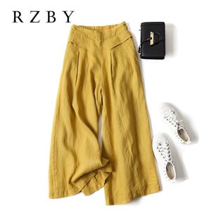 Zomer vrouwen esthetische stijl elastische taille solide broek all-matched casual breed been katoen linnen losse pantalon rzby260 210915