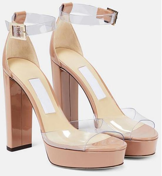 Zomer Vrouwen Albi Dik Met Sandalen Zomer Vrouwen PVC Leer Enkel Gesp Hoge Hakken Elegante Bruidsjurk Avondfeest EU35-43Met Doos