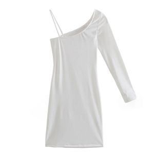 Zomer vrouwen asymmetrie een schouder witte mini jurk vrouwelijke lange mouw kleding casual dame slanke vestido d7686 210430