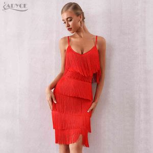 Zomer Dames Bandage Jurk Sexy V-hals Kwasten Fringe Rood Club Vestidos Elegant Midi Celebrity Party 210423