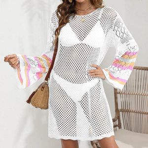 Zomer vrouwen strandkleding sexy witte haak tuniek strand wrap jurk lange mouw holle badmode zwempak cover-ups bikini cover up