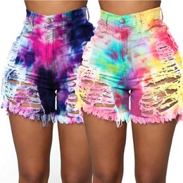 Été femmes plus grande taille 3X jeans shorts mode tie dye denim shorts tendance lavé déchiré trous shorts sexy taille haute pantalon court 3562