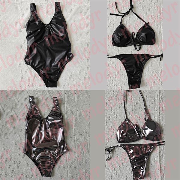 Conjunto de Bikini de verano para mujer, traje de baño de una pieza de cuero a la moda, traje de baño con letras metálicas