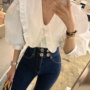 Zomer vrouwen blouses wit lente shirt vrouwelijke vrouwen blouse blusas casual elegante vintage korte mouw katoen oversize losse 220407