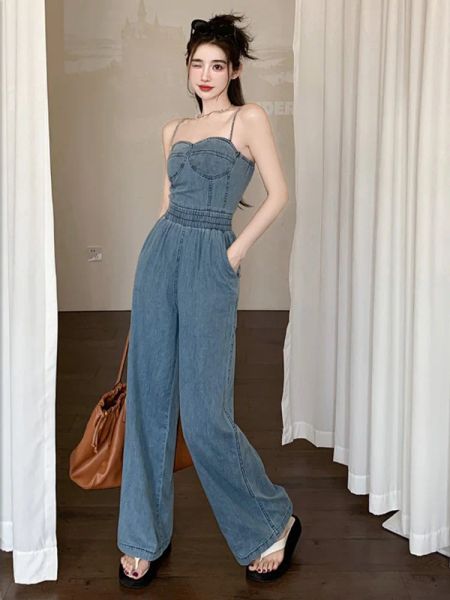 Summer Women Blue Denim Spaghetti Strap Strap Suit diseñador de moda del hombro Vendedaje delgado de pantalones de pierna ancha Jumpsit