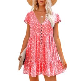 Verano mujeres boho mini vestido sexy con cuello en v manga corta floral casual vestidos de gasa sueltos moda volantes mujer sundress 220514