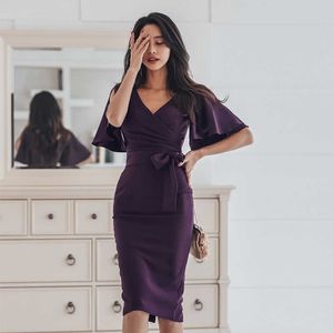 Été Femmes Bow Sexy Bodycon Crayon Gaine Rétro Formelle De Mariage Soirée Occasion Spéciale Robe De Travail Violet 210529