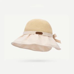 Zomer vrouwen emmer hoed met sjaal ademende strandzon cap grote bowknot dames brede rand nekbescherming vizier hoed 240601