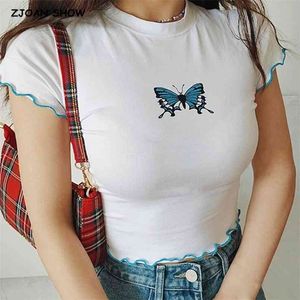 Été Femmes Papillon Imprimer Cap Manches Crop Top Bois Oreilles Ourlet Court Tee Tops 210429