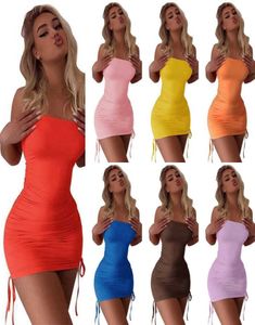 Zomer Women Casual Dress Sexy Strapless Mini Skirts Solid Color Crop Top Drawtring Bodycon jurken Skinny Clubwear5005688