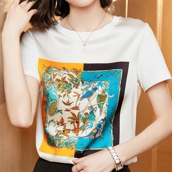 Verano mujer Casual estampado Patchwork satén camisa moda Tops camisetas rayón camisetas cuello redondo suelta cuello redondo manga corta camisetas 220407