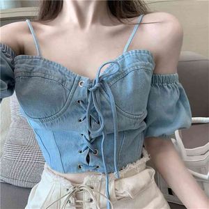 Zomer Dames Casual Vintage Denim Spaghetti Strap Off Shoulder Puff Shirt Shirt Tops Vrouwelijke Sexy Club Lace-up 210510