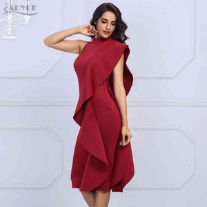 Été Femmes Celebrity Runway Party Robe Sexy Vin Rouge Sans Manches Patchwork Volants Midi Moulante Club 210423