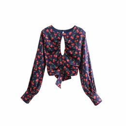 Zomer vrouwen kersen print holle decoratie korte blouse vrouwelijke lange mouw shirt casual dame crop tops blusas s8755 210430