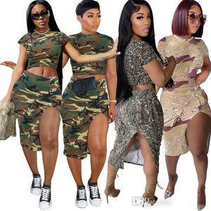 Été Femmes Vêtements Casual Survêtements Robes Deux Pièces Ensembles Rue Tendance Camouflage Floral Wrap Hanche Mini Jupe Costume À Manches Courtes