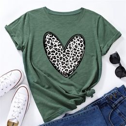 Été Femmes Coton 100% T-shirts À Manches Courtes De Mode Coeur Imprimé Léopard Dames Casual Graphique Vêtements Femme T-shirt Régulier Tops 220514