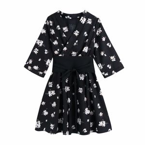 Verano mujeres cruz v cuello fajas impreso kimono mini vestido femenino tres cuartos manga ropa casual dama vestido suelto D7672 210430