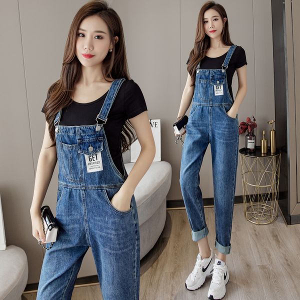 Été femmes Denim combinaison S-2XL lâche décontracté droit bavoir jean salopette femmes Vintage barboteuses bleu foncé jambe large