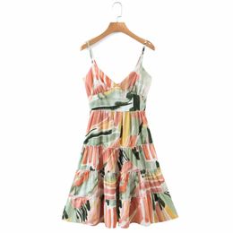 Zomer vrouwen digitale print tiered ruche jarretel mini jurk vrouwelijke mouwloze kleding casual dame losse vestido D7615 210430