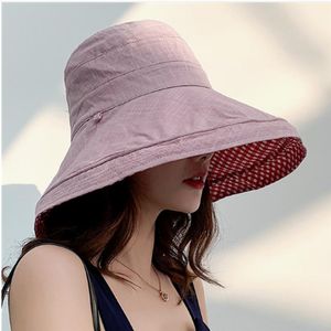 Été femmes Double face coton lin Plaid chapeau de soleil élégant grand large bord pliable Anti-UV plage soleil disquette chapeaux casquettes plates Bob