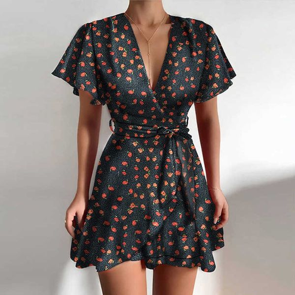 Robe d'été pour femmes, manches papillon, pois, imprimé floral, col en V, taille haute, ceintures, vintage, mini robe rouge, 2021, Y0823