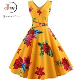 Zomer vrouwen jurk elegante vintage bloemen tuniek sundress sexy v nek werk kantoor feestjurken plus size midi robe pin-up 210623