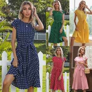 Zomer vrouwen jurk Mid-length polka-dot ronde hals korte mouwen kant geplooid