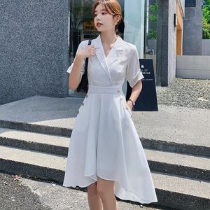 Summer Women Robes Mode Vintage Collier Notched Bureau OL Taille haute Irregular Casual Blanc Castros Chic Robe Robe 210518